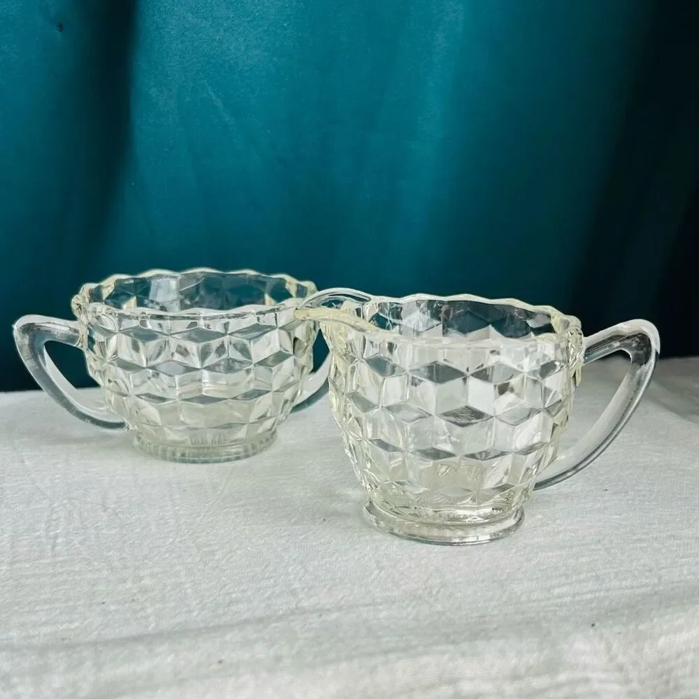 Vintage Jeanette Cube Clear Textured Sugar and Creamer Set